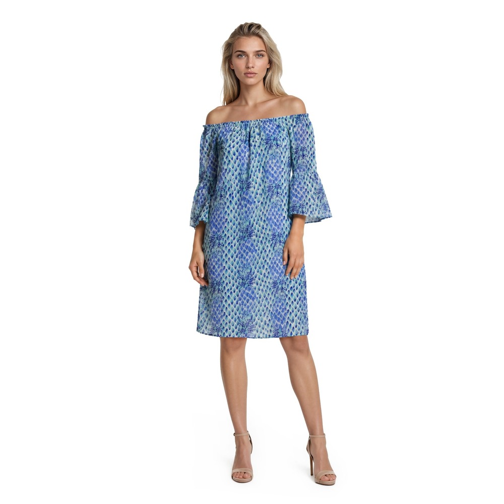 Lilly Pulitzer Dress Women's Size Medium Pineapple Bell Sleeve Off Shoulder Blue